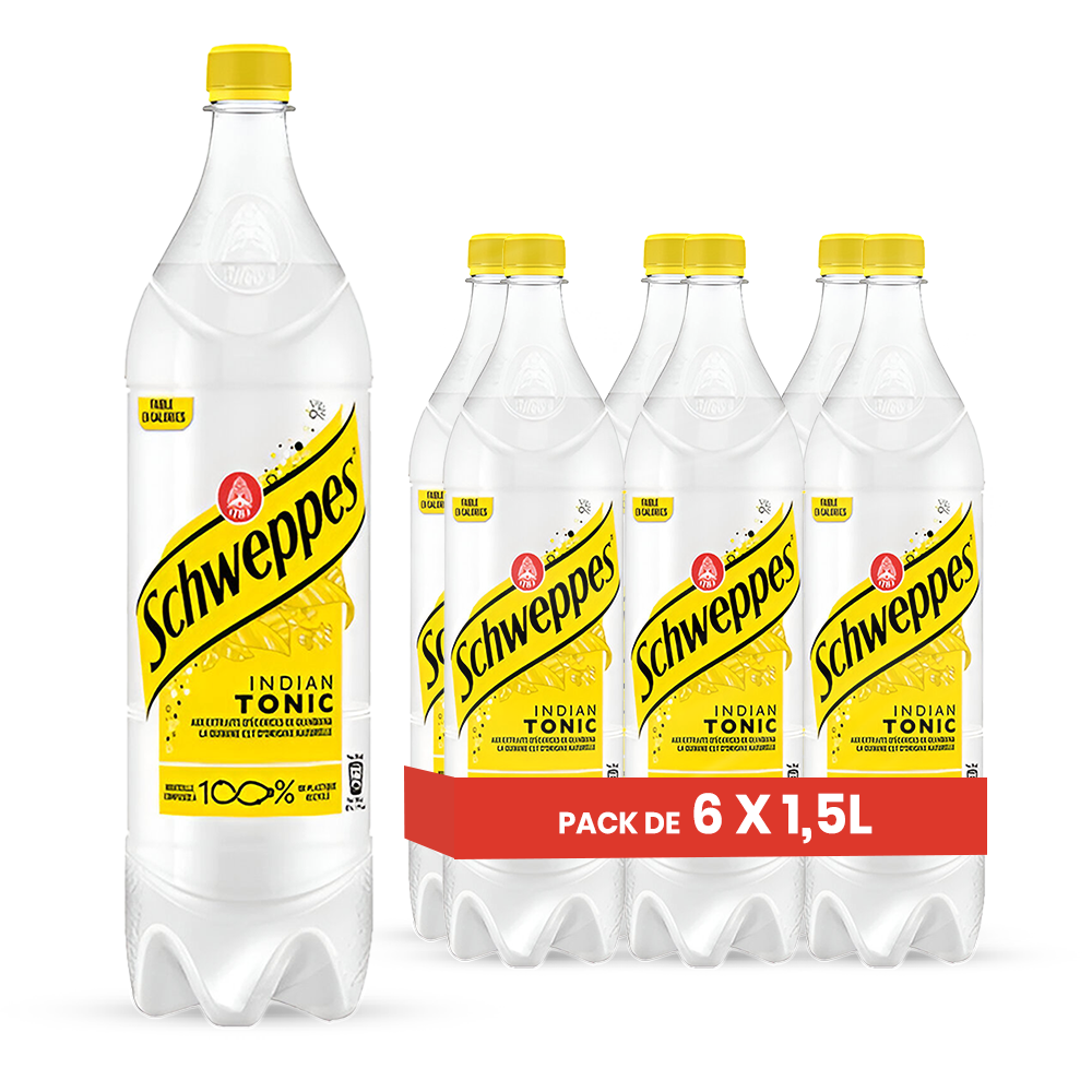 Schweppes Indian Tonic – Pack de 6 Bouteilles 1,5L | Eau Tonique Indienne Grande Bouteille